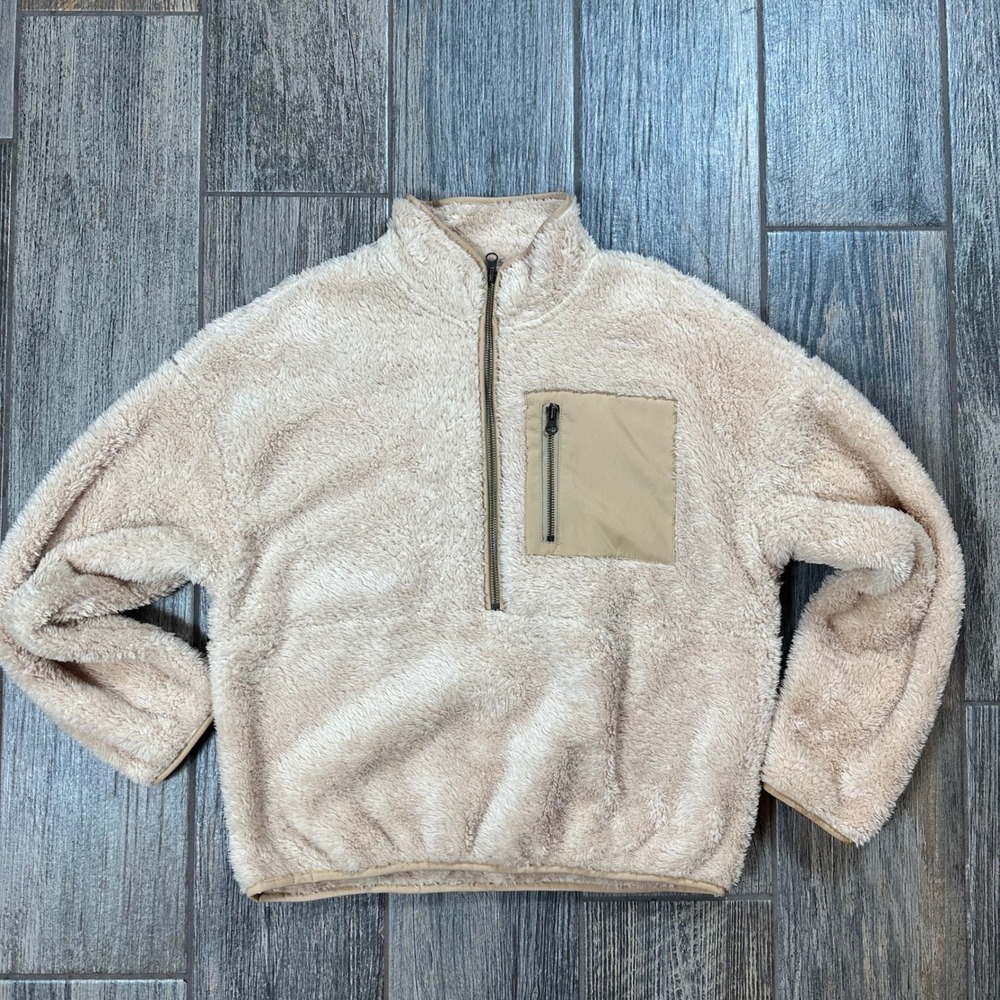 Elodie Fuzzy Fleece Pullover Sweatshirt Women's Medium Half Zip Sherpa Beige